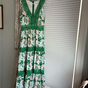 Green Floral Lace-Trim Maxi Dress